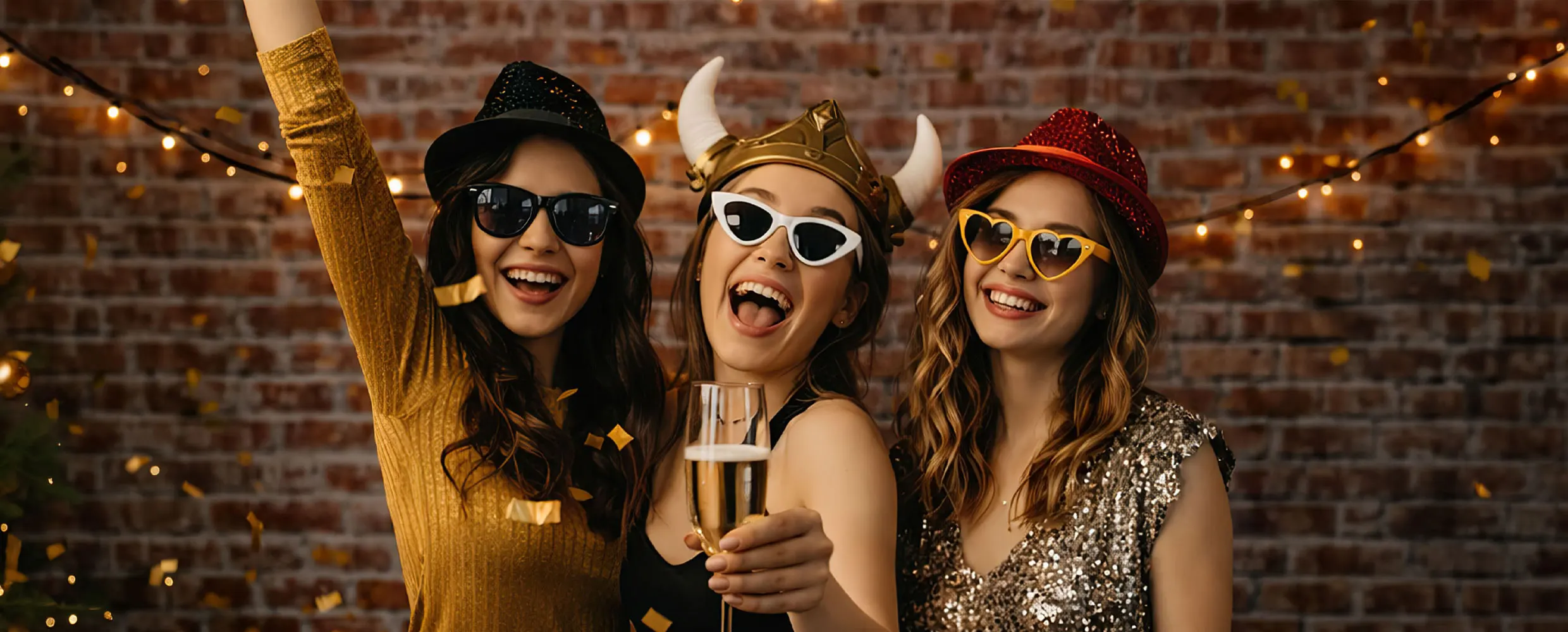 Feiernde Gäste mit Fotobox-Requisiten vor einer Ziegelwand